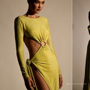 Meshki CHRISTINA Backless Maxi Wrap Dress - Green Shimmer; long sleeve